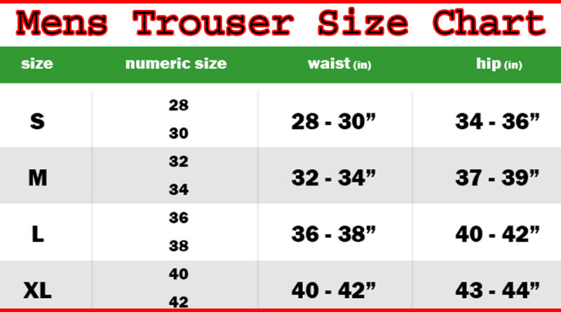 Mens Trouser Size Chart