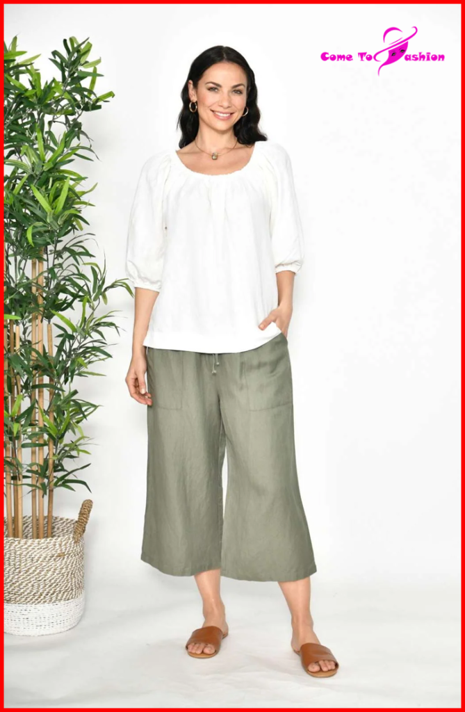 Model wearing wide leg linen pants