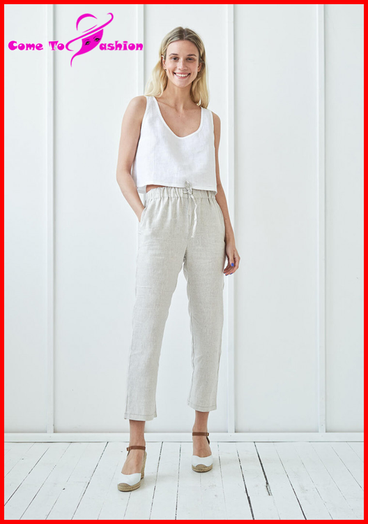 Model wearing drawstring linen pants