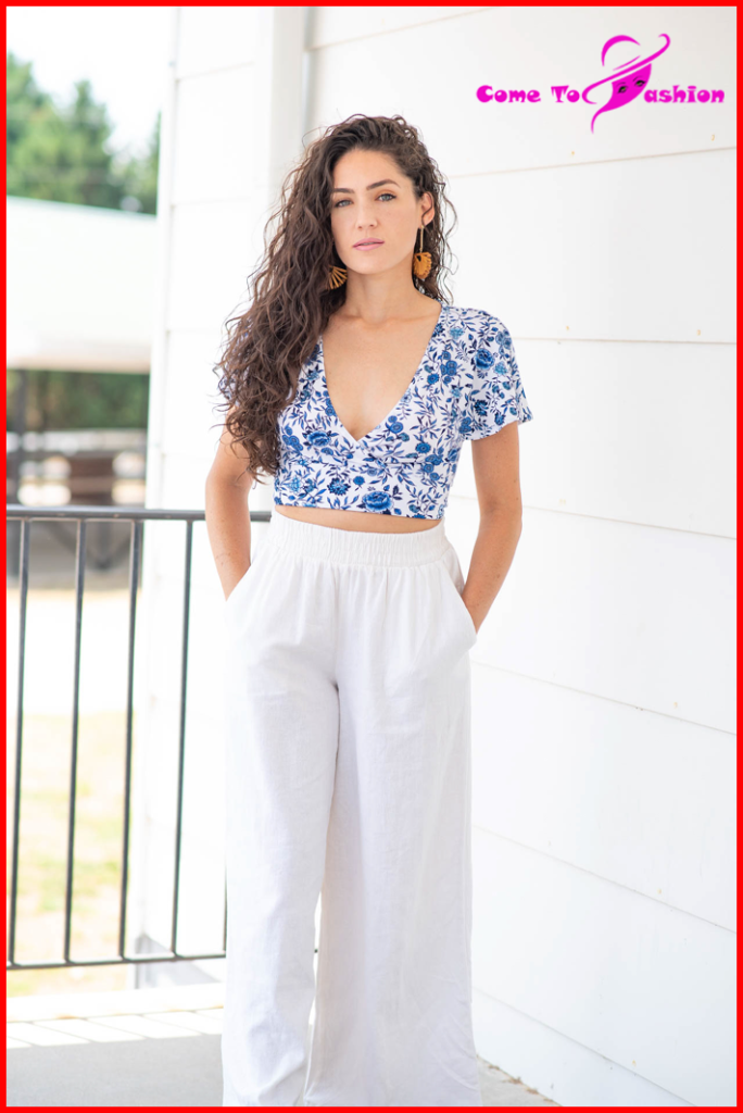 Model wearing cropped linen pants